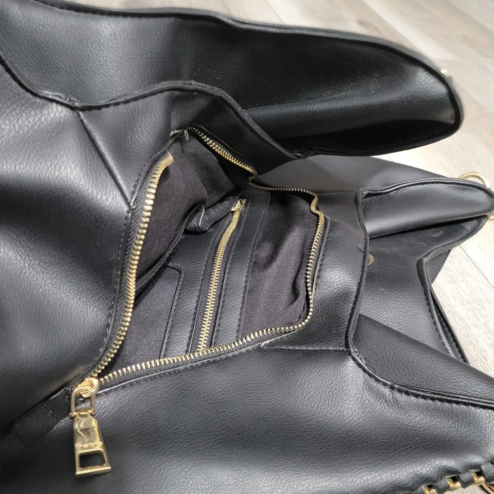 Bebe Colette Triple Entry Black Hobo Bag/Satchel Gold Chainlink Hobo Bag